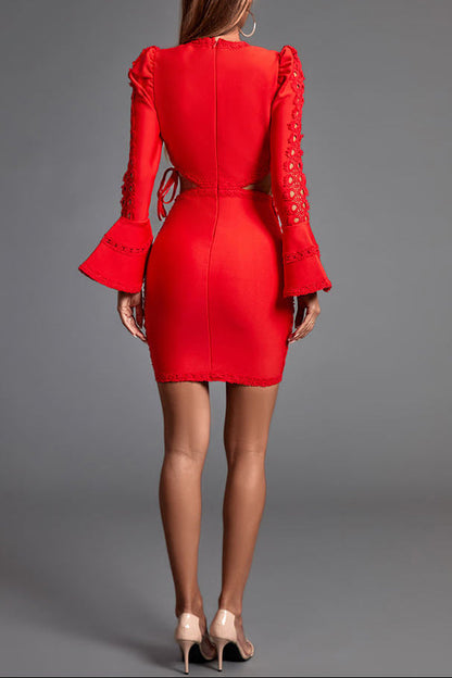 Sandra Red Long Sleeve Cut Out Lace Mini Dress Avalabel