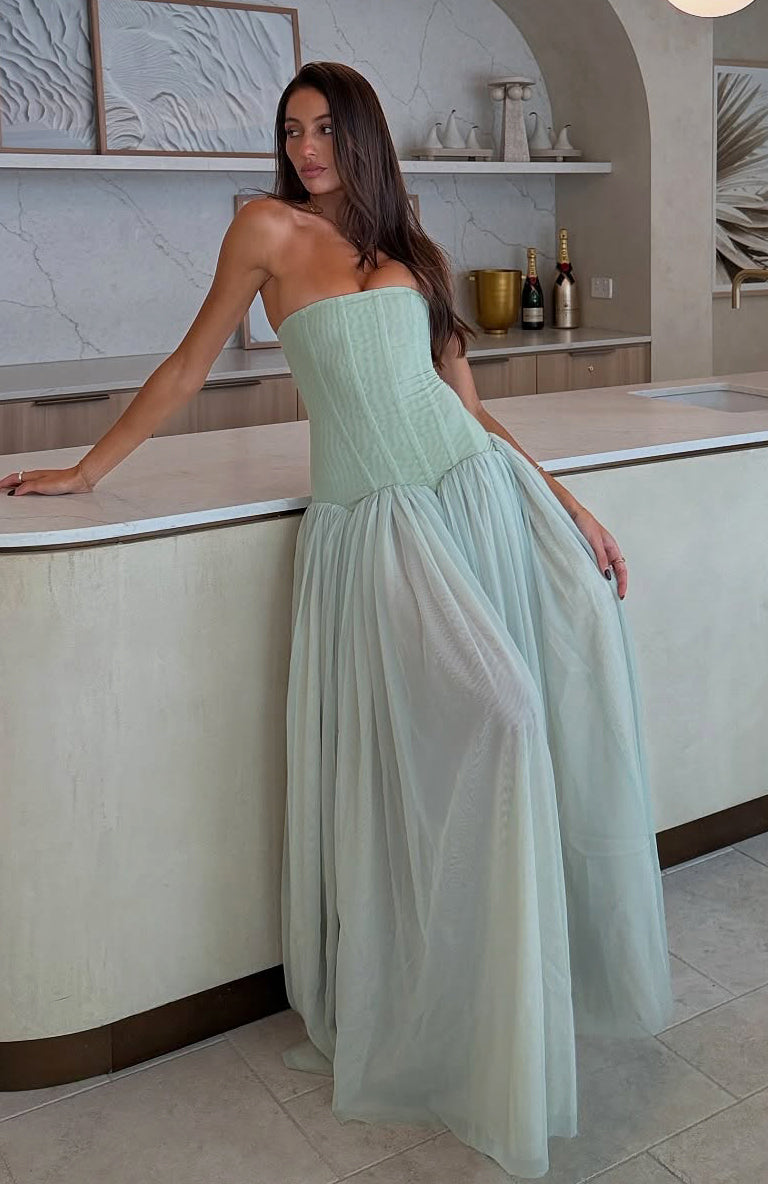 Sabrina Tulle Strapless Maxi Dress - Green Avalabel