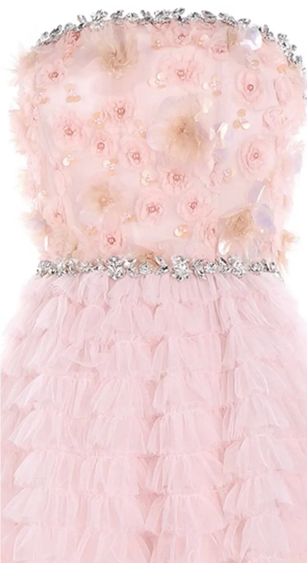 Pink Princess layer ruffle midi floral Embroidery strapless Dress Avalabel