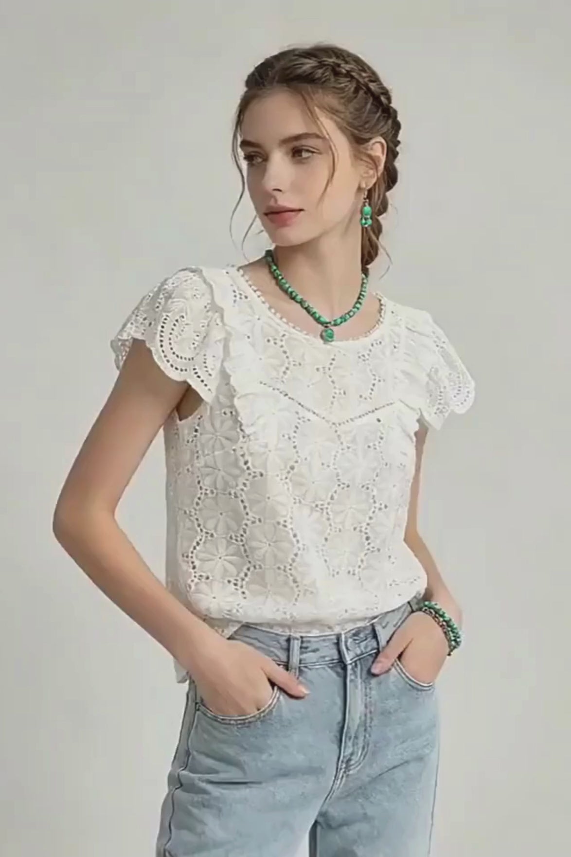Lila White Ruffle Eyelet Lace Blouse