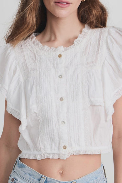 Hazel Lace Trim Pintuck Short Sleeve Crop Shirt
