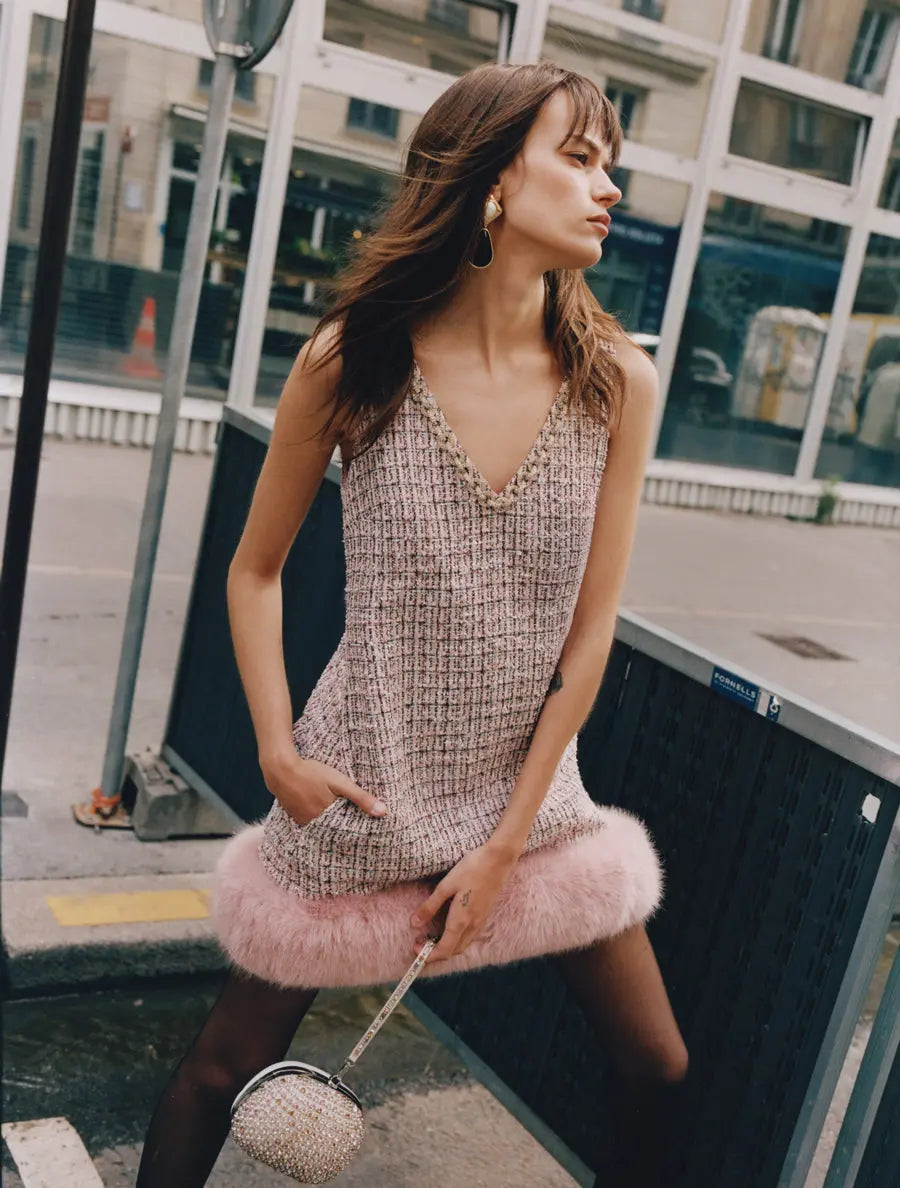 rosemary Pink Boucle Fur Hem Mini Dress Avalabel