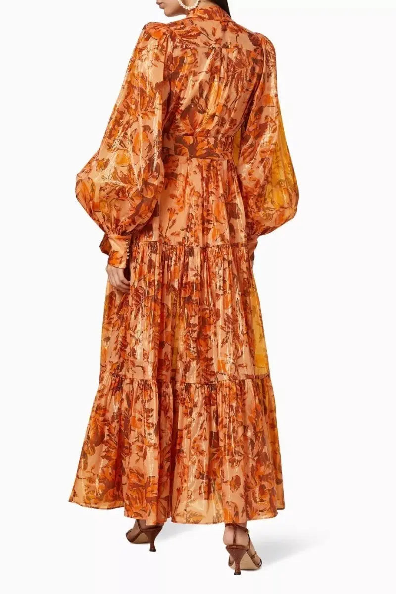 kelly Printed Balloon Sleeve Maxi Dress in brown Avalabel