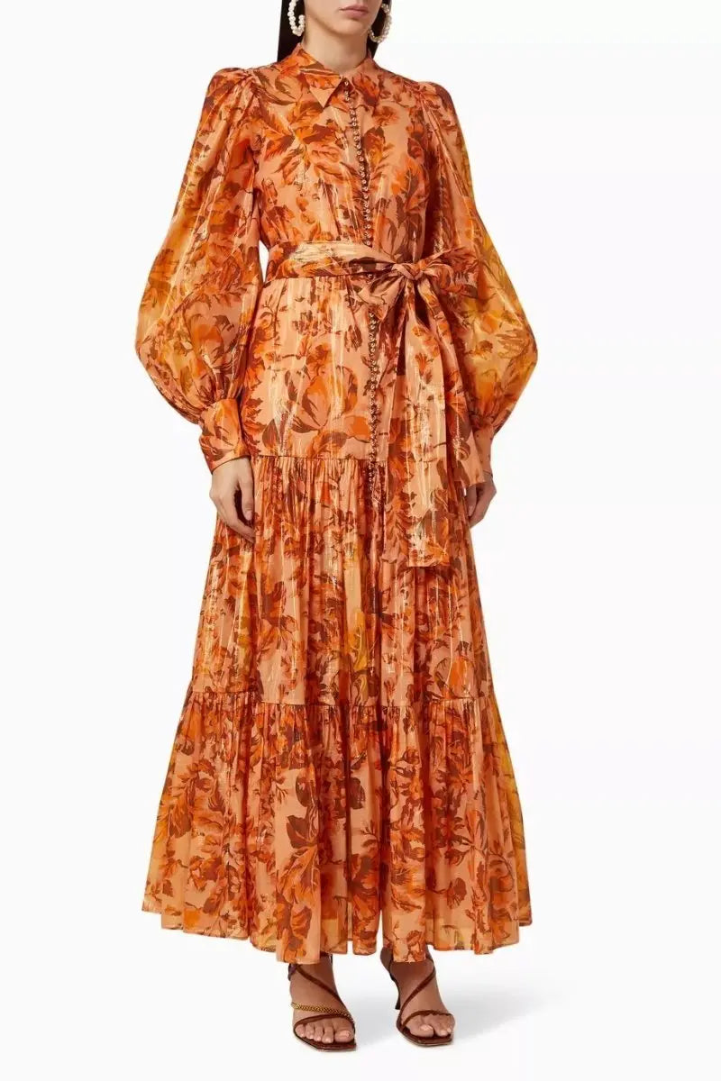 kelly Printed Balloon Sleeve Maxi Dress in brown Avalabel