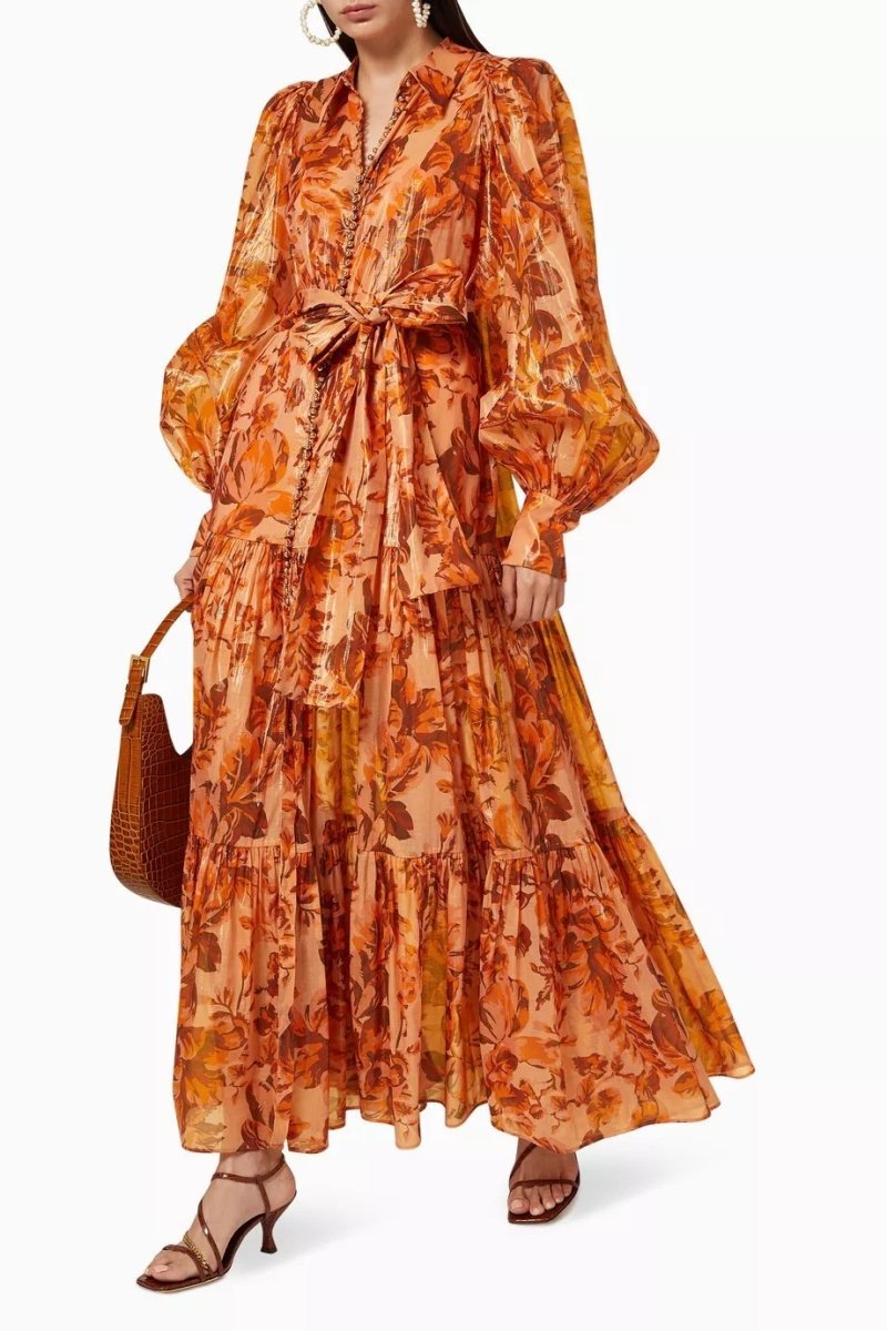 kelly Printed Balloon Sleeve Maxi Dress in brown