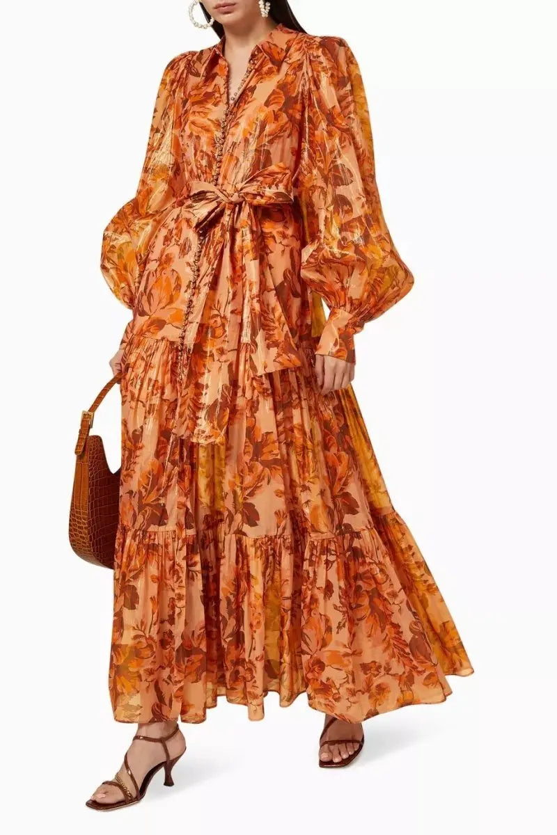 kelly Printed Balloon Sleeve Maxi Dress in brown Avalabel