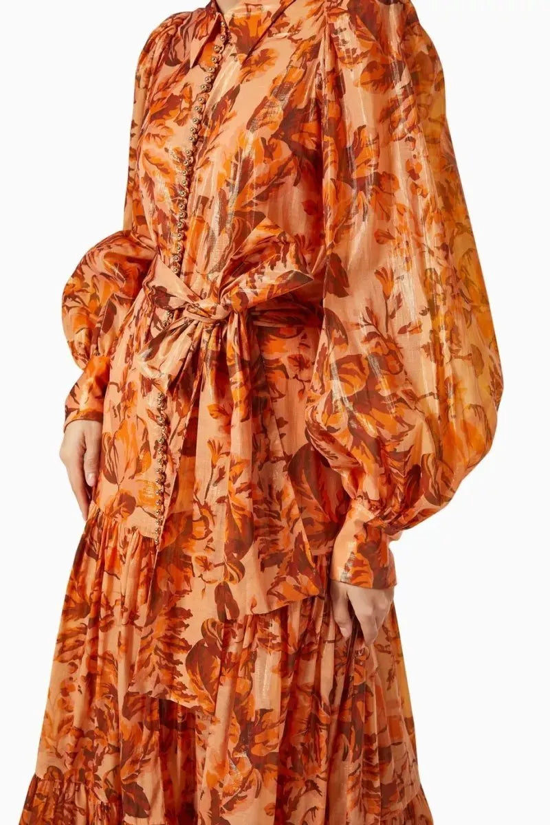kelly Printed Balloon Sleeve Maxi Dress in brown Avalabel