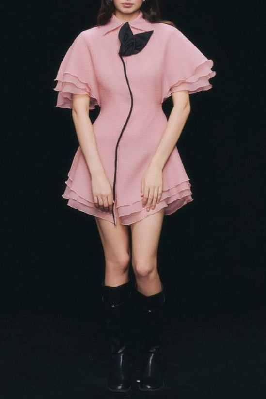 Layer Trim Chiffon Shirt Mini Dress in Pink Avalabel
