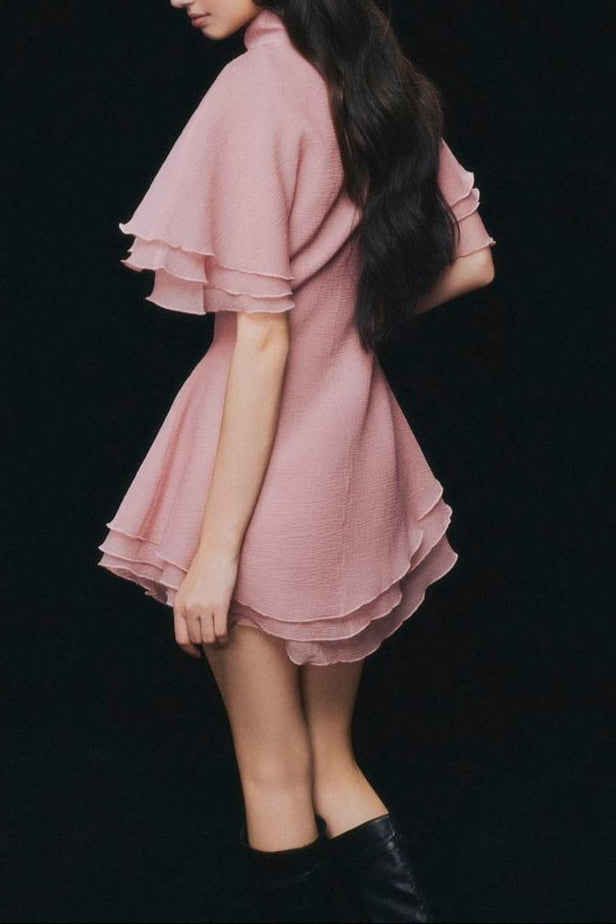 Layer Trim Chiffon Shirt Mini Dress in Pink Avalabel