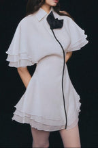 Layer Trim Chiffon Shirt Mini Dress in White Avalabel