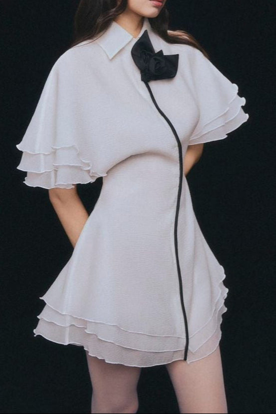 Layer Trim Chiffon Shirt Mini Dress in White Avalabel