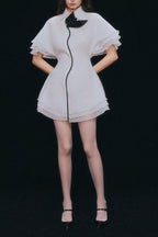 Layer Trim Chiffon Shirt Mini Dress in White Avalabel
