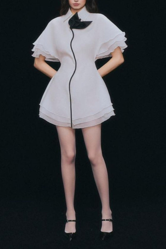 Layer Trim Chiffon Shirt Mini Dress in White Avalabel