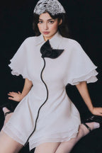Layer Trim Chiffon Shirt Mini Dress in White Avalabel