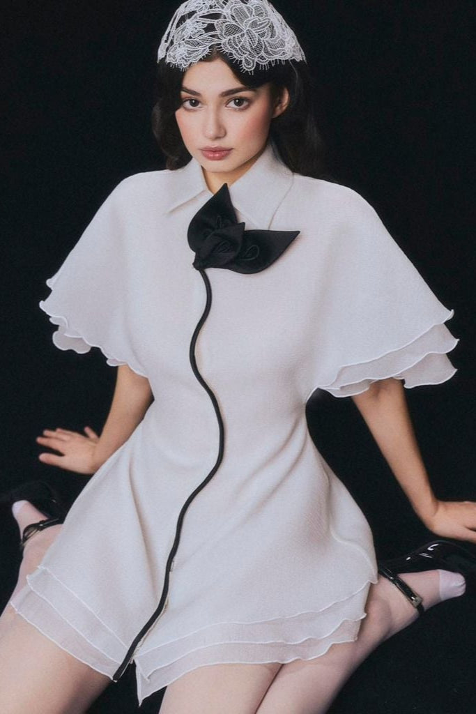 Layer Trim Chiffon Shirt Mini Dress in White Avalabel