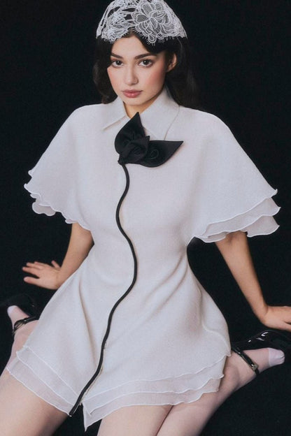 Layer Trim Chiffon Shirt Mini Dress in White