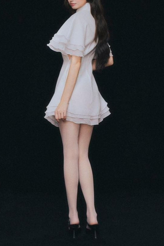 Layer Trim Chiffon Shirt Mini Dress in White Avalabel