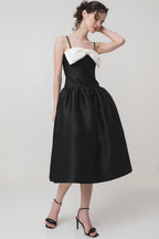 Bow-Detail Taffeta Midi Dress in Black Avalabel