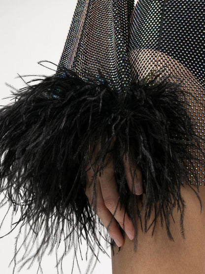 RIYA | Rhinestone Mesh Glitter Feather Dress