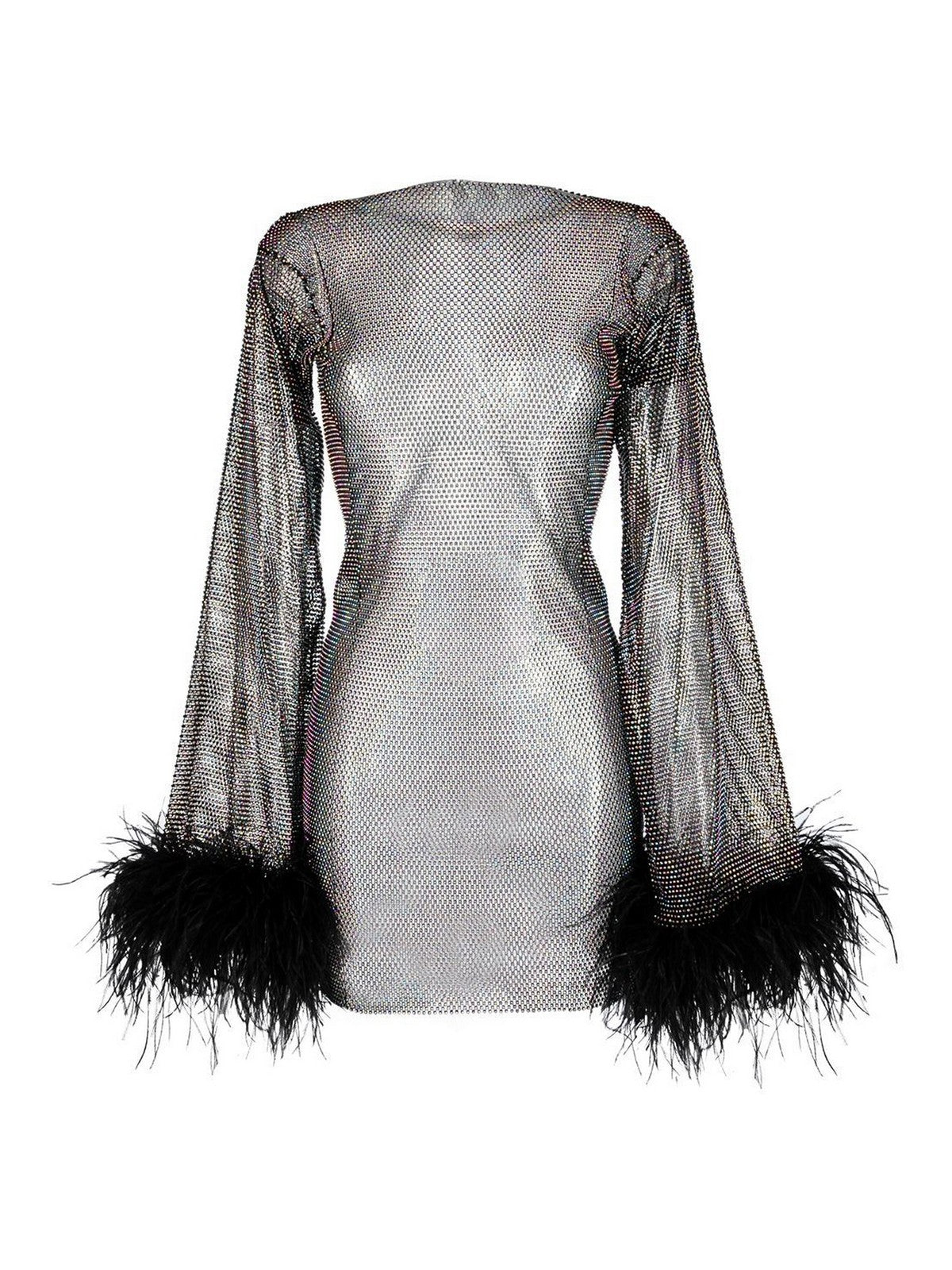 RIYA | Rhinestone Mesh Glitter Feather Dress