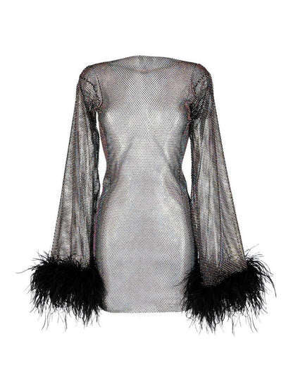 RIYA | Rhinestone Mesh Glitter Feather Dress