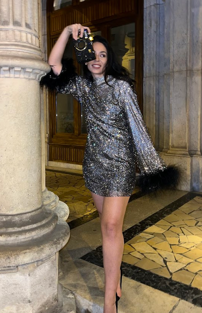 RIYA | Rhinestone Mesh Glitter Feather Dress