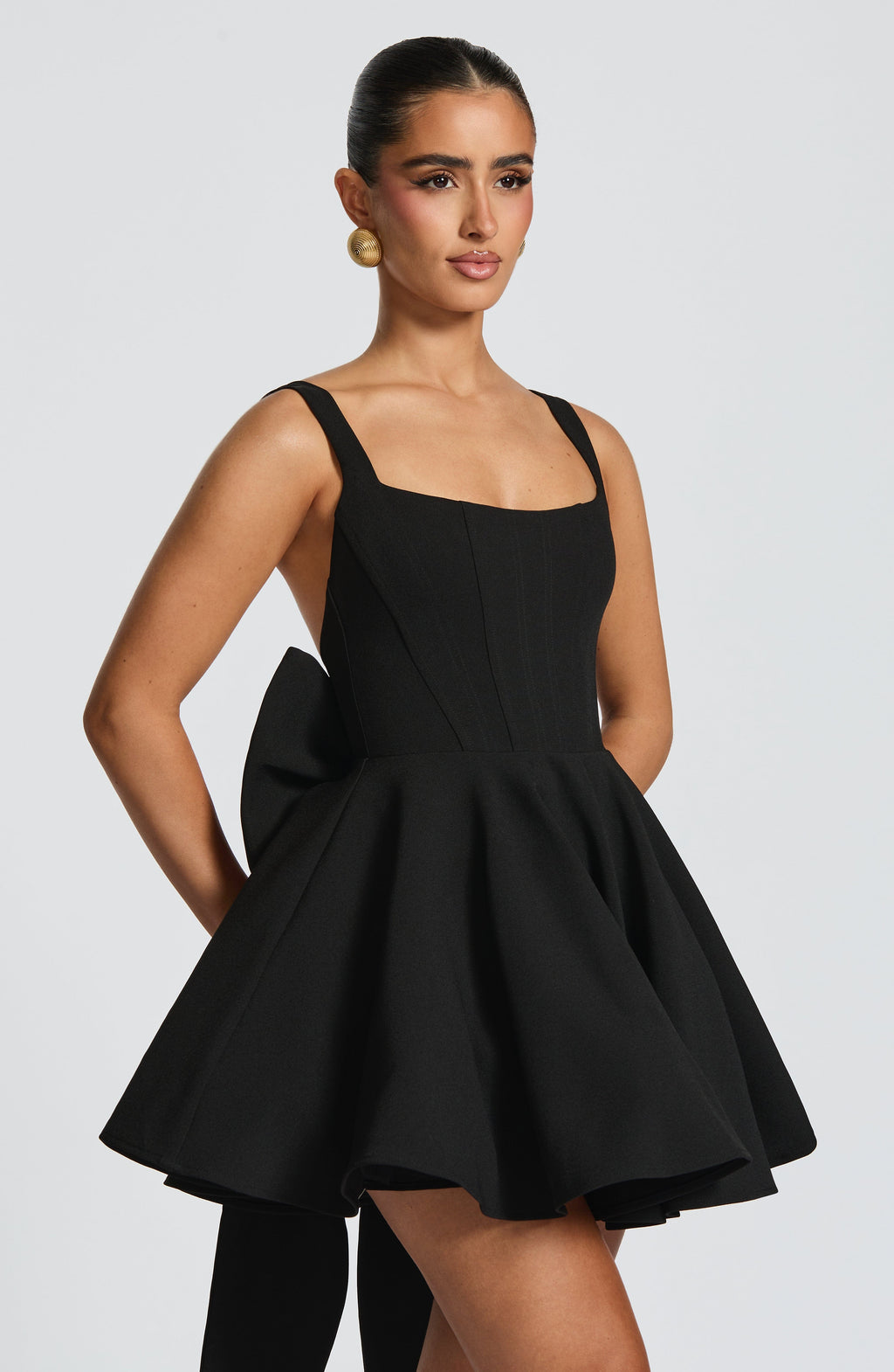 Kristin Back Bow Embellished Mini Dress in Black Avalabel