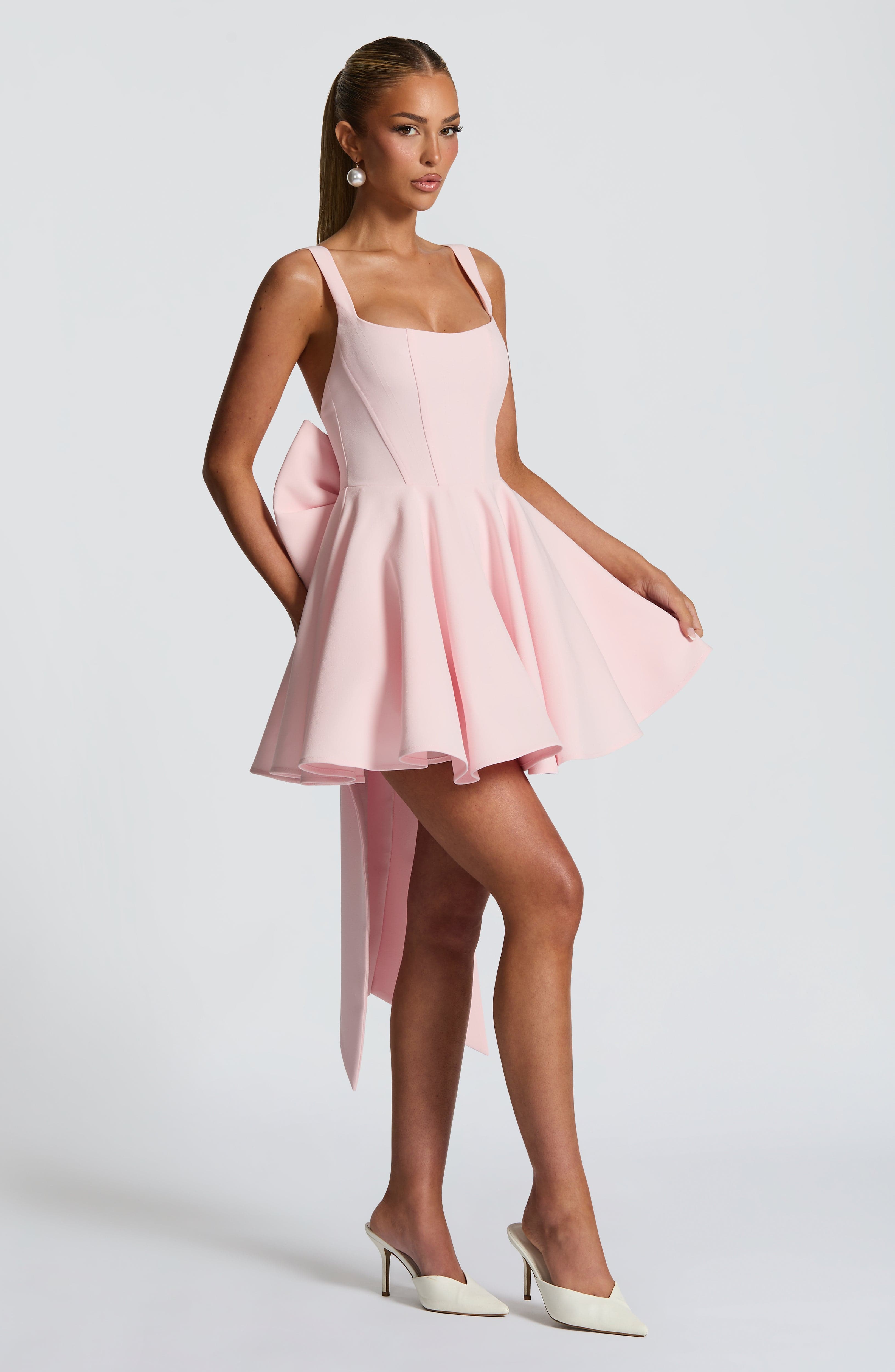 Kristin Back Bow Embellished Mini Dress in Blush Avalabel