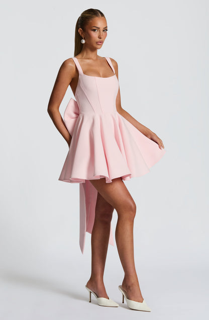 Kristin Back Bow Embellished Mini Dress in Blush