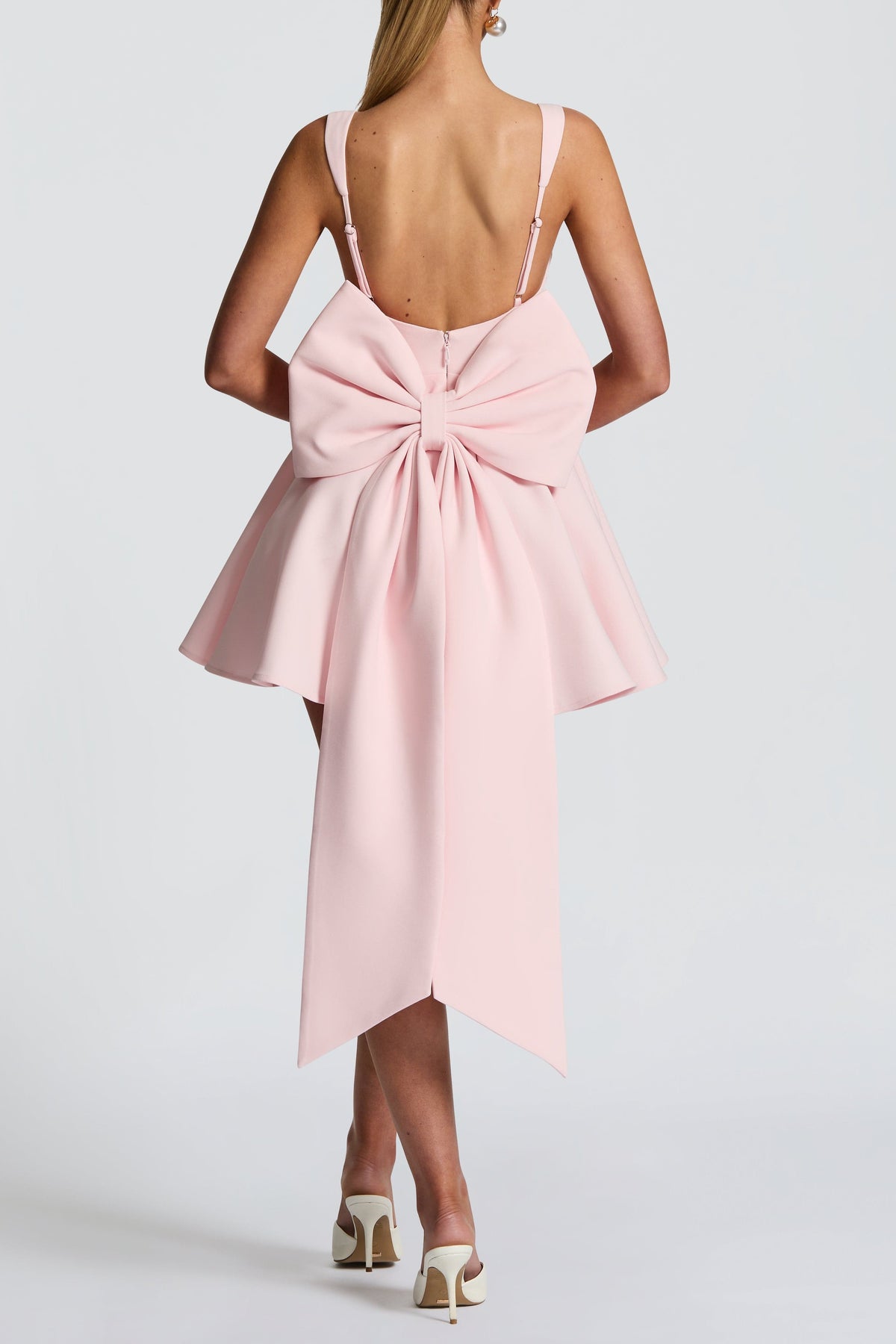 Kristin Back Bow Embellished Mini Dress in Blush Avalabel