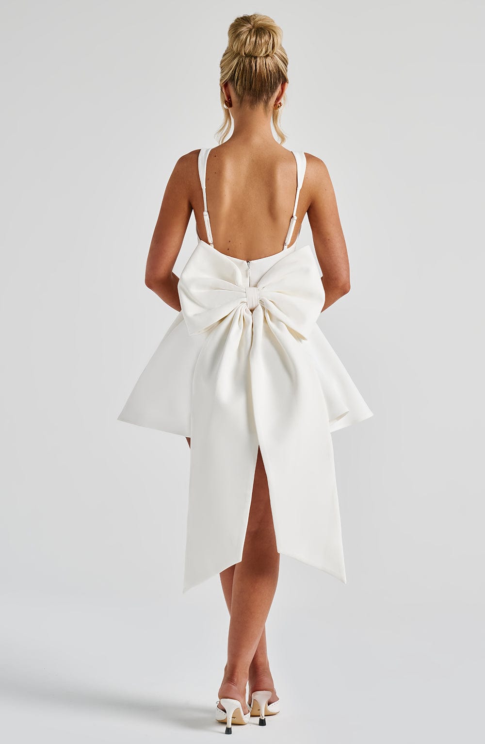 Kristin Back Bow Embellished Mini Dress in Ivory Avalabel