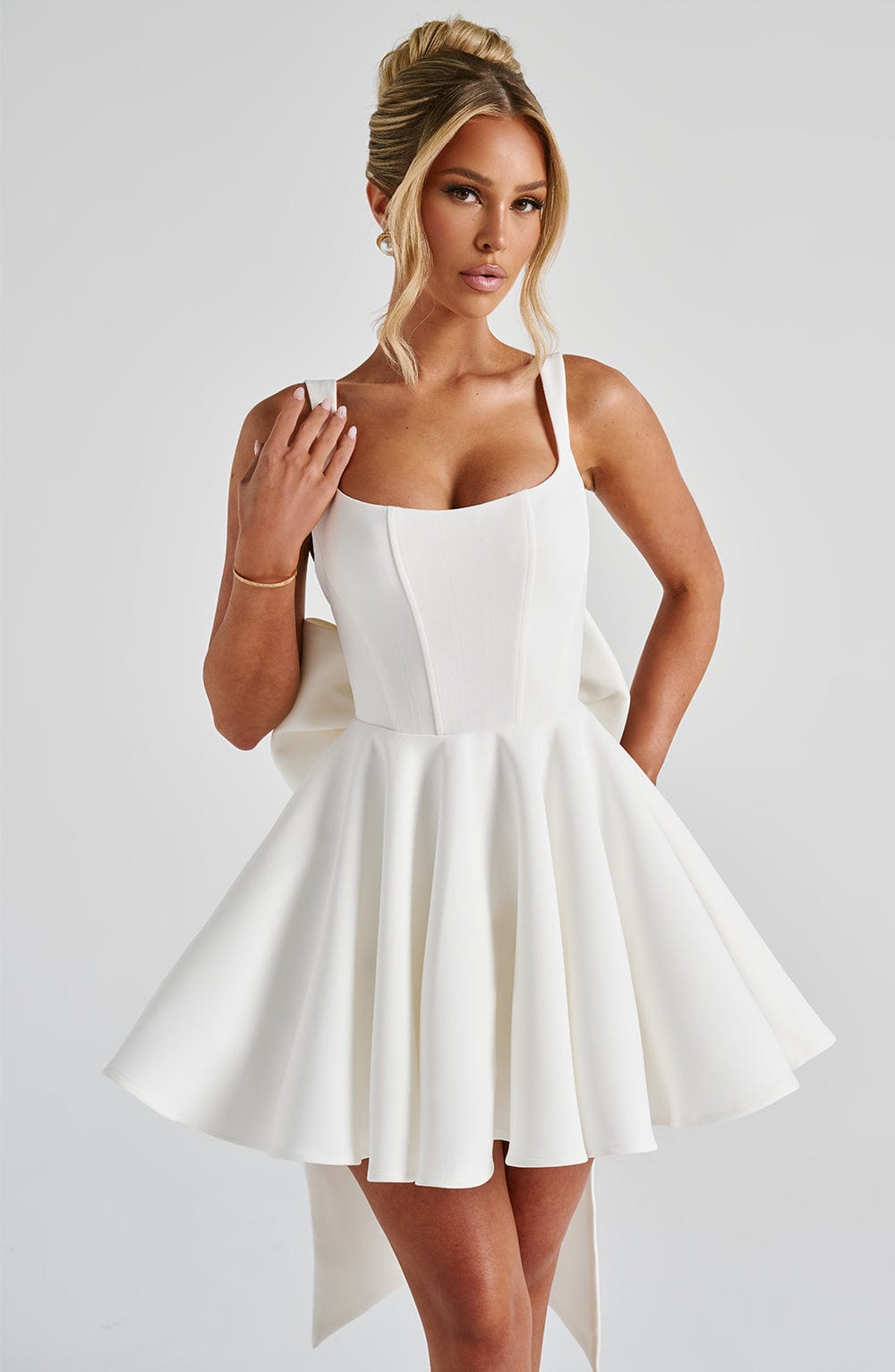 Kristin Back Bow Embellished Mini Dress in Ivory Avalabel