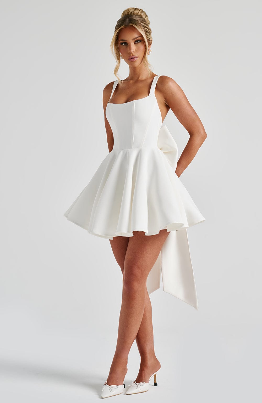 Kristin Back Bow Embellished Mini Dress in Ivory Avalabel
