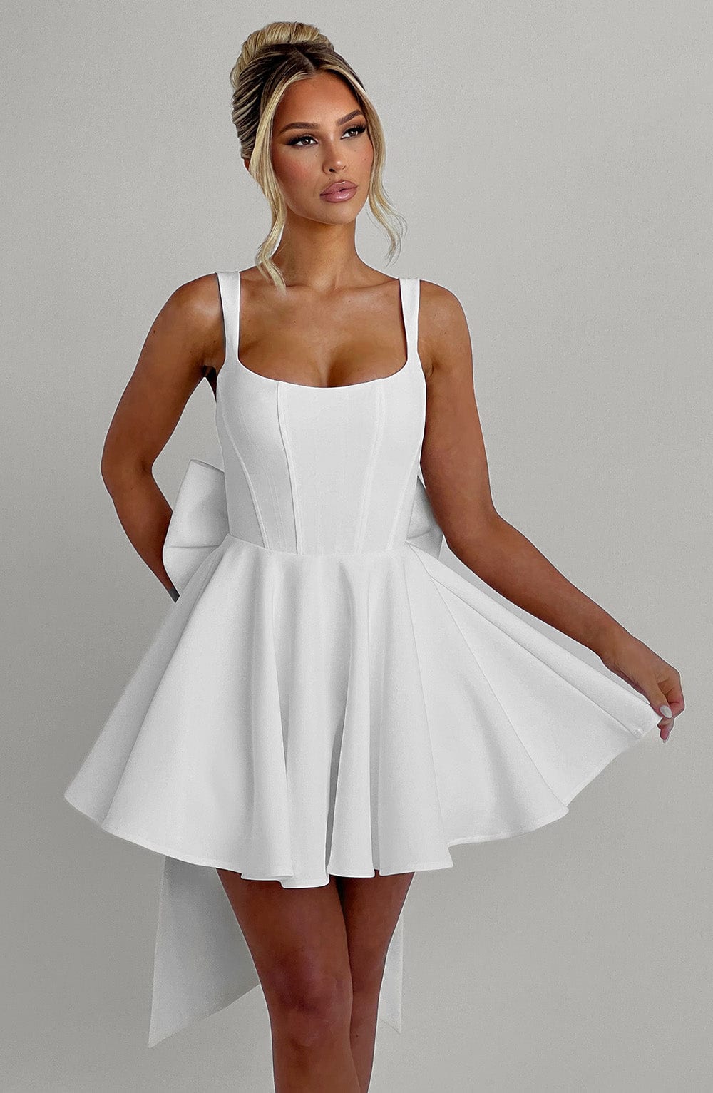 Kristin Back Bow Embellished Mini Dress in Ivory Avalabel