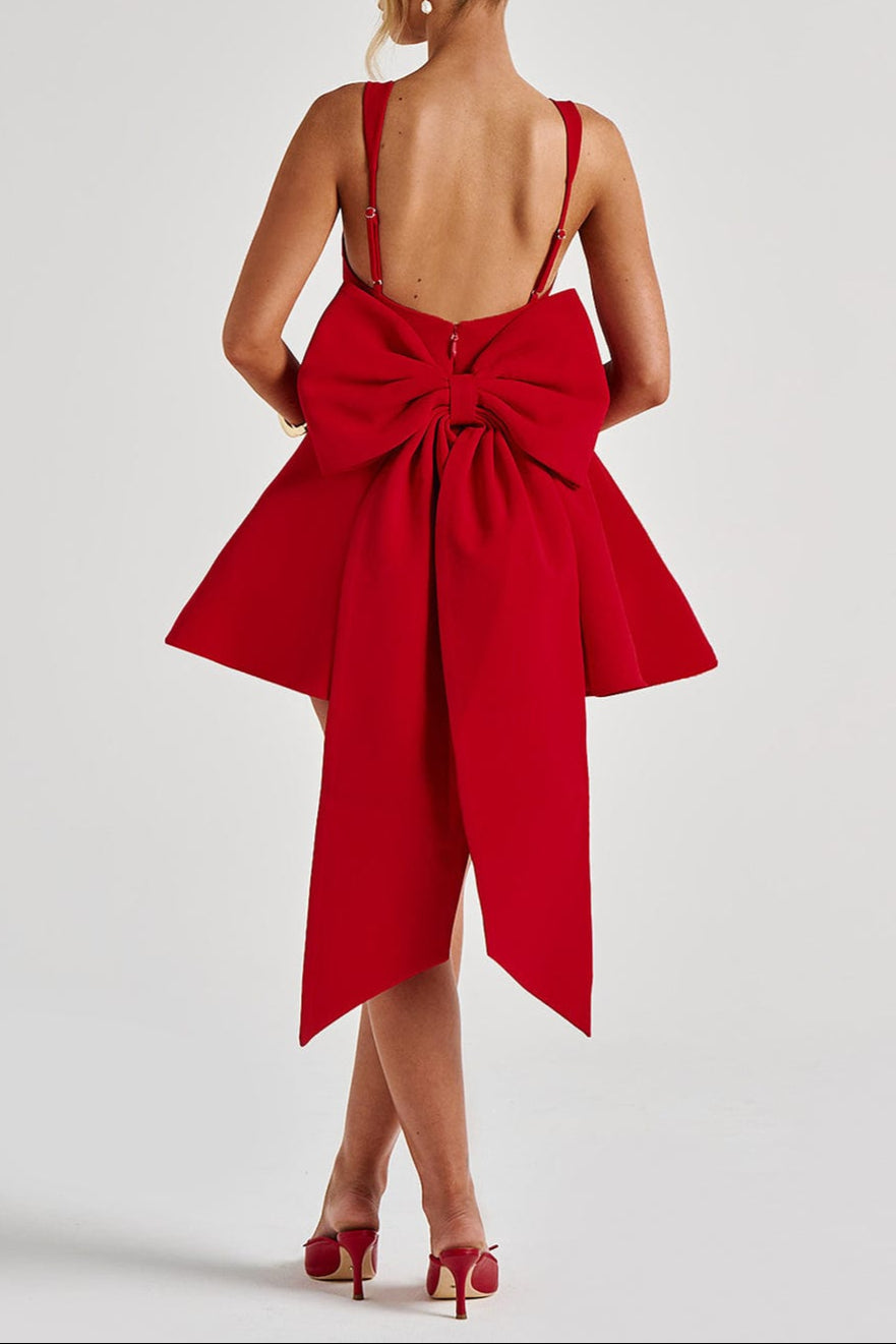 Kristin Back Bow Embellished Mini Dress in Red Avalabel