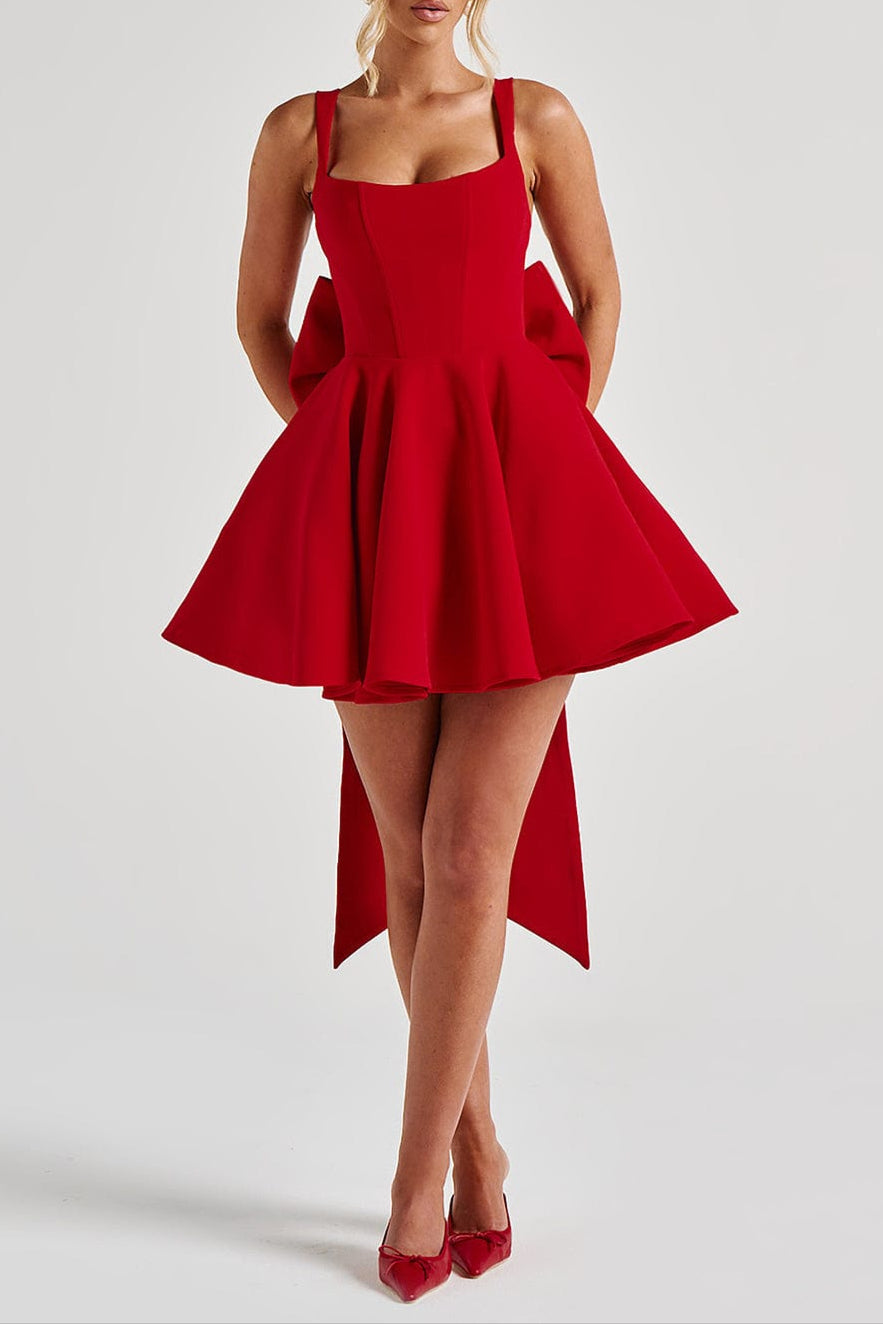 Kristin Back Bow Embellished Mini Dress in Red Avalabel