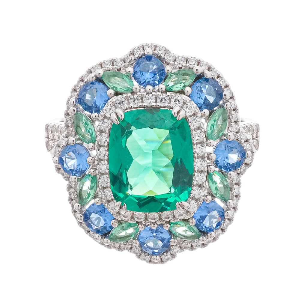 Clémence Green Emerald Cut Gemstone Sterling Silver Ring Avalabel