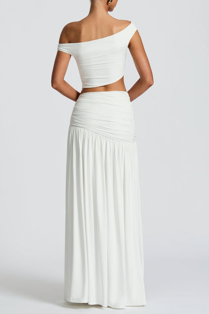 Saira Pleated High Slit Maxi Skirt - White