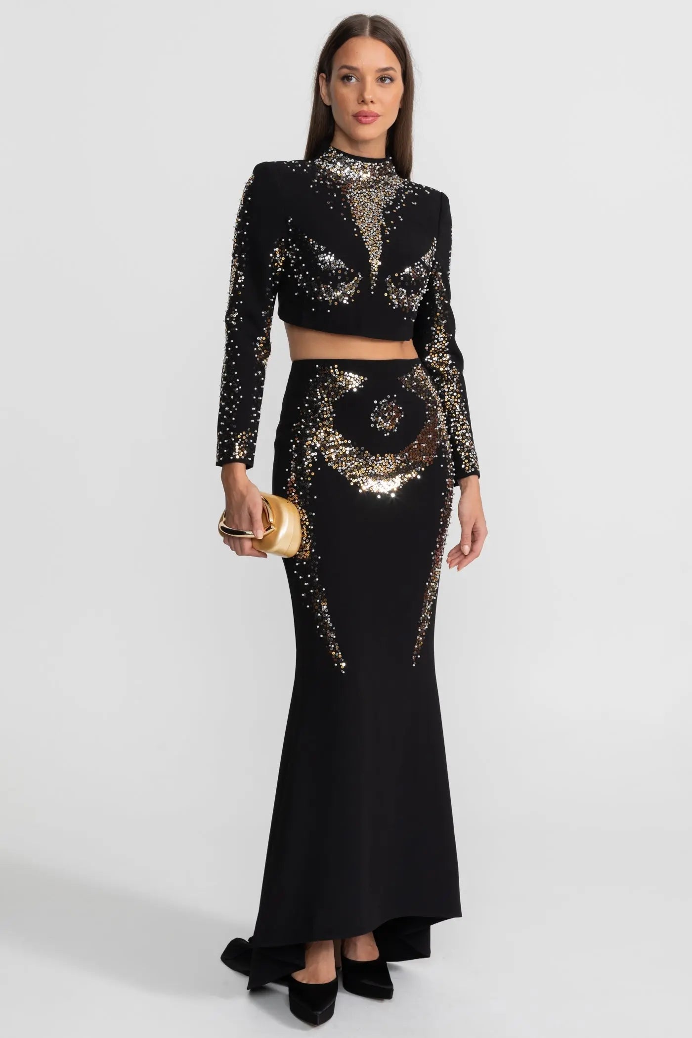rosalind Embellished Co-Ord Set with Silver and Gold Sequin Detailing - Black Avalabel