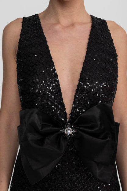 Sequin Maxi Dress With Satin Bow Detail - Black