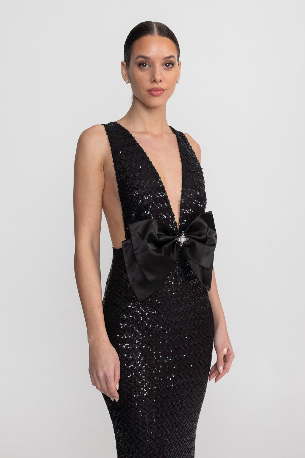 Sequin Maxi Dress With Satin Bow Detail - Black Avalabel