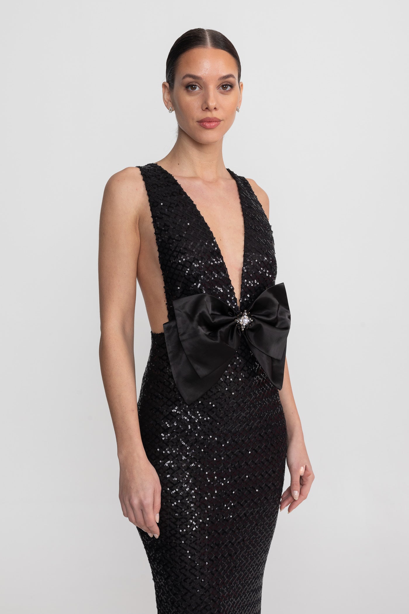 Sequin Maxi Dress With Satin Bow Detail - Black Avalabel