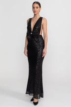 Sequin Maxi Dress With Satin Bow Detail - Black Avalabel