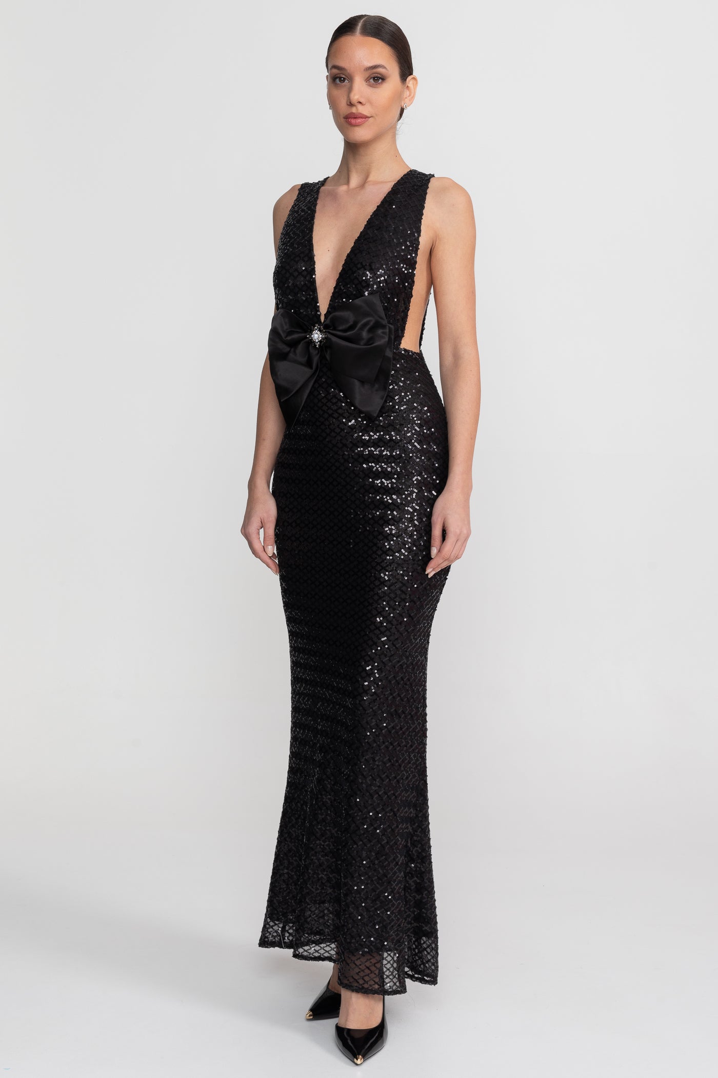 Sequin Maxi Dress With Satin Bow Detail - Black Avalabel