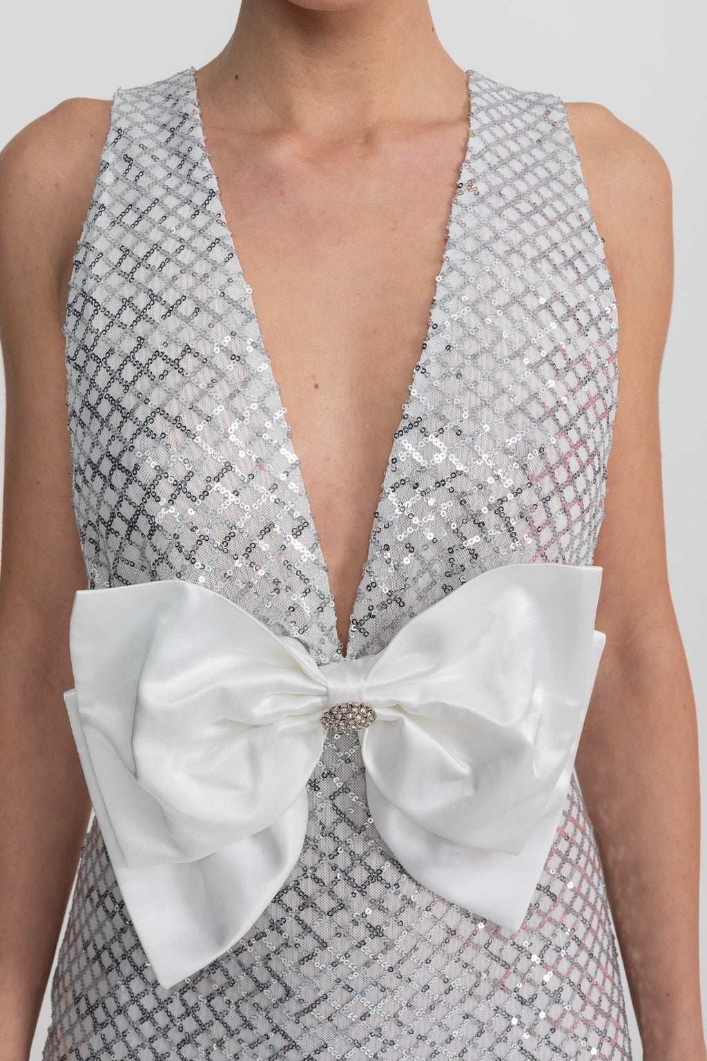 Sequin Maxi Dress With Satin Bow Detail - Light Grey Avalabel