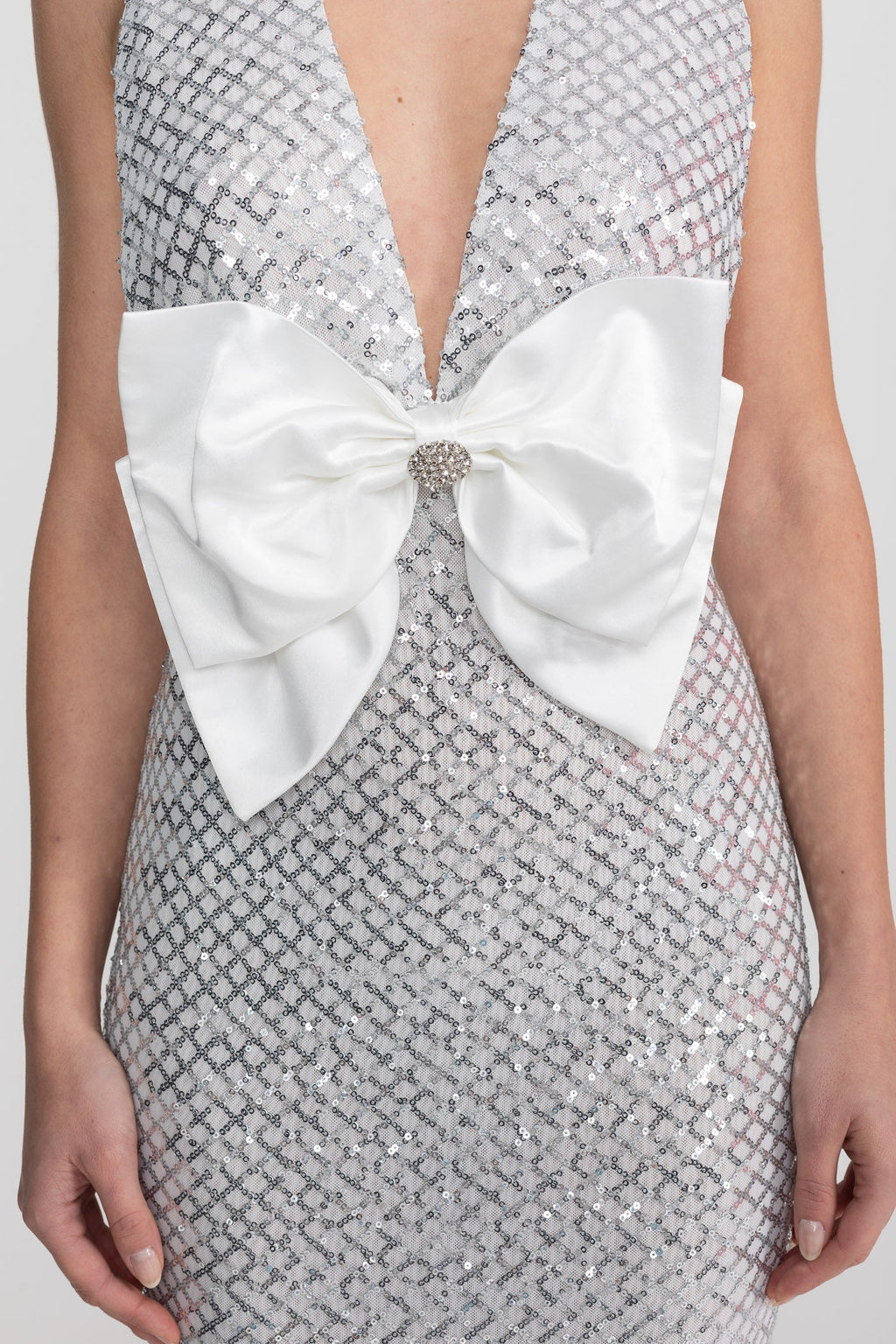 Sequin Maxi Dress With Satin Bow Detail - Light Grey Avalabel