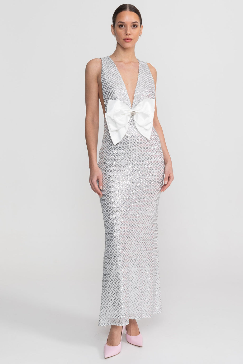 Sequin Maxi Dress With Satin Bow Detail - Light Grey Avalabel