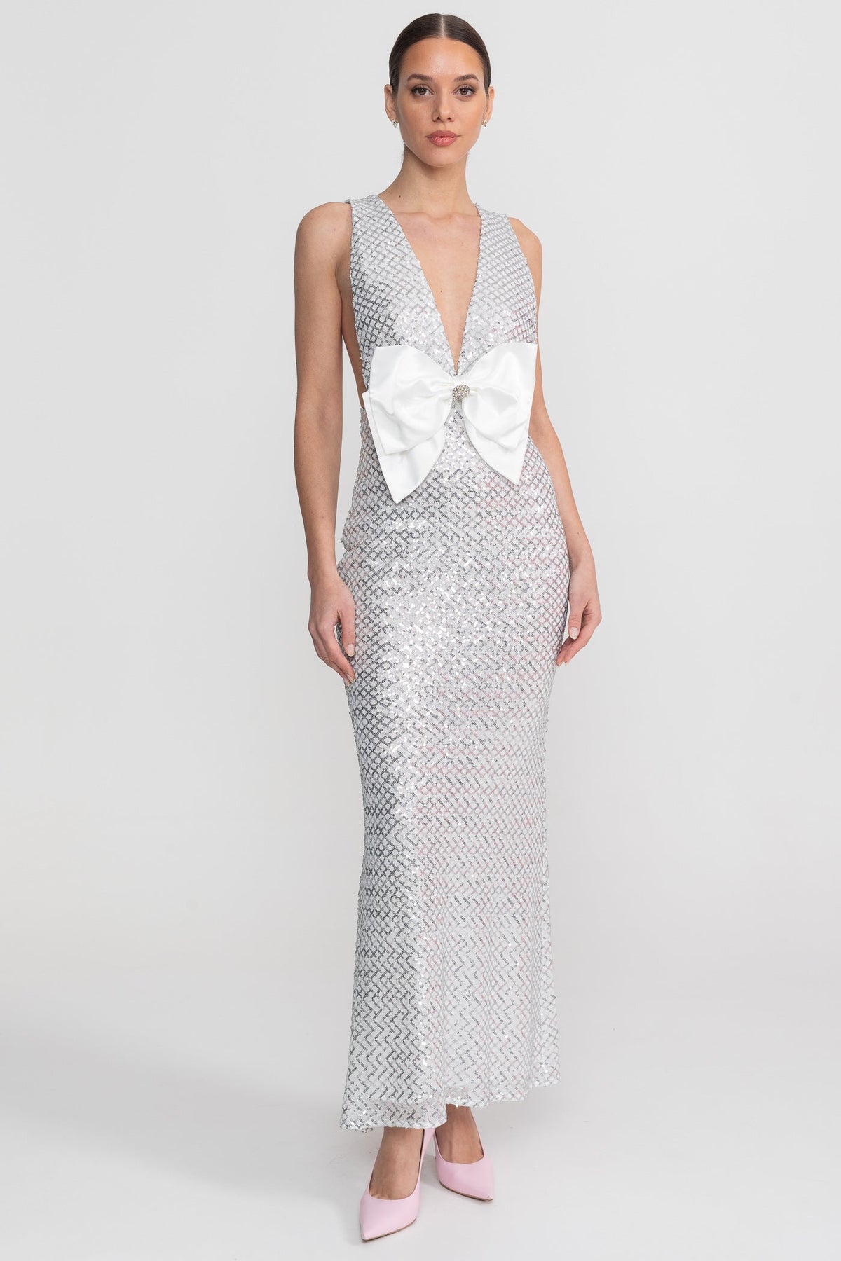 Sequin Maxi Dress With Satin Bow Detail - Light Grey Avalabel