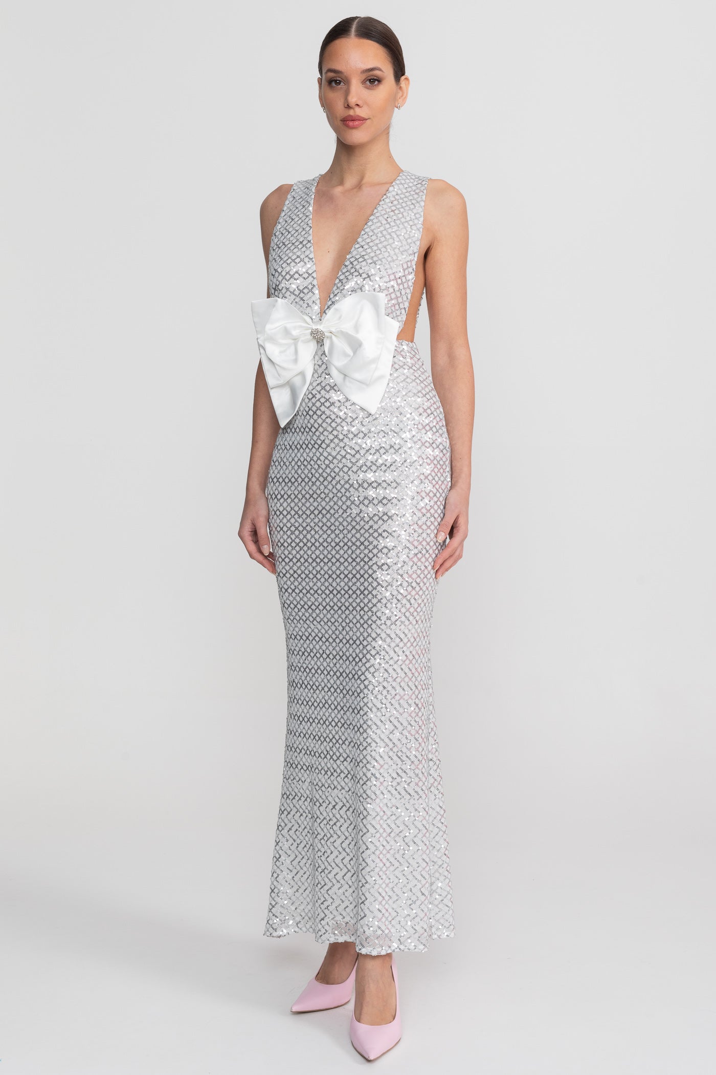 Sequin Maxi Dress With Satin Bow Detail - Light Grey Avalabel