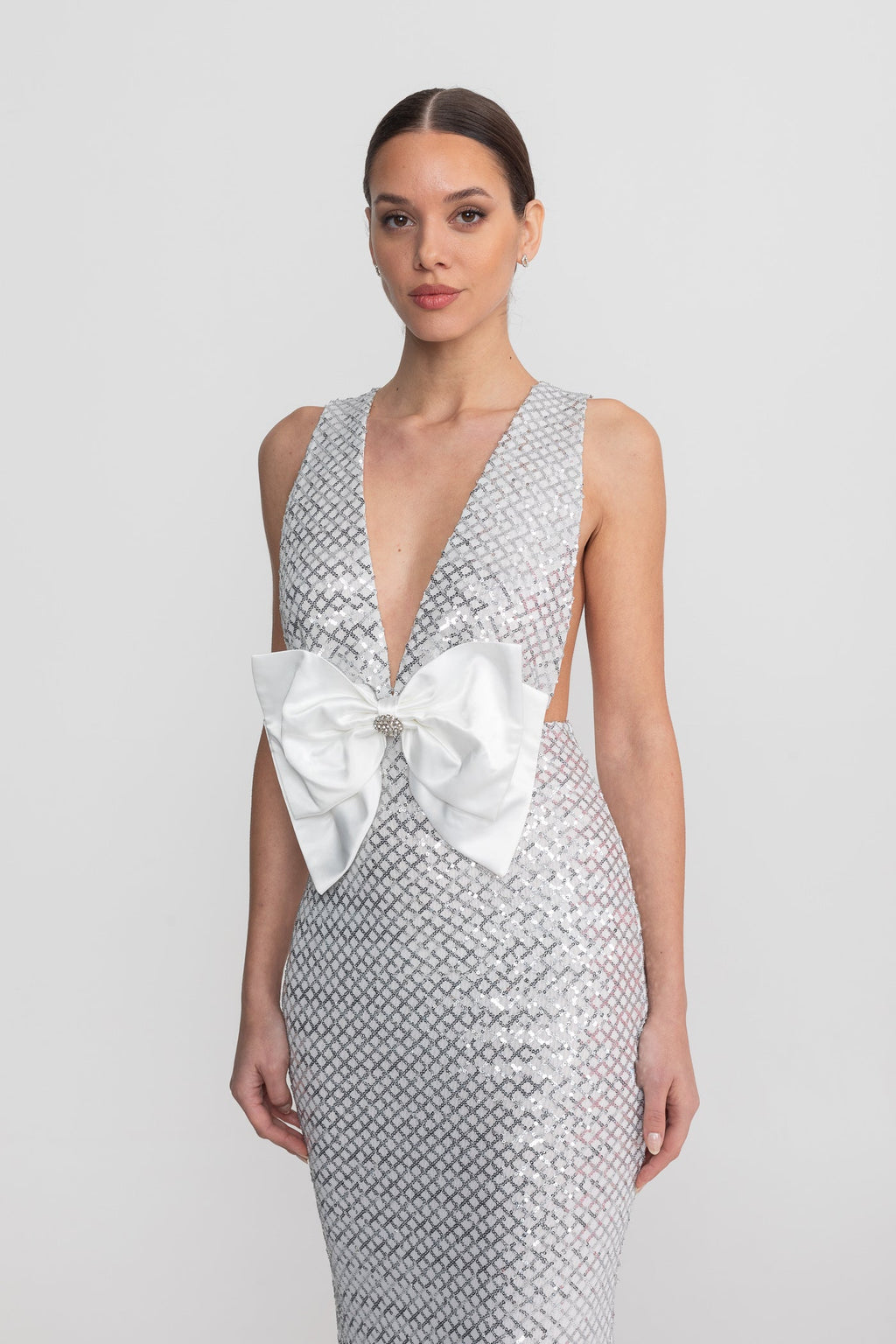 Sequin Maxi Dress With Satin Bow Detail - Light Grey Avalabel